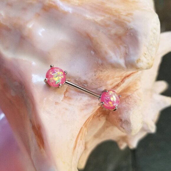 PAIR pink glitter synthetic opal nipple bars 14G NWT Externally Threaded - Picture 2 of 3